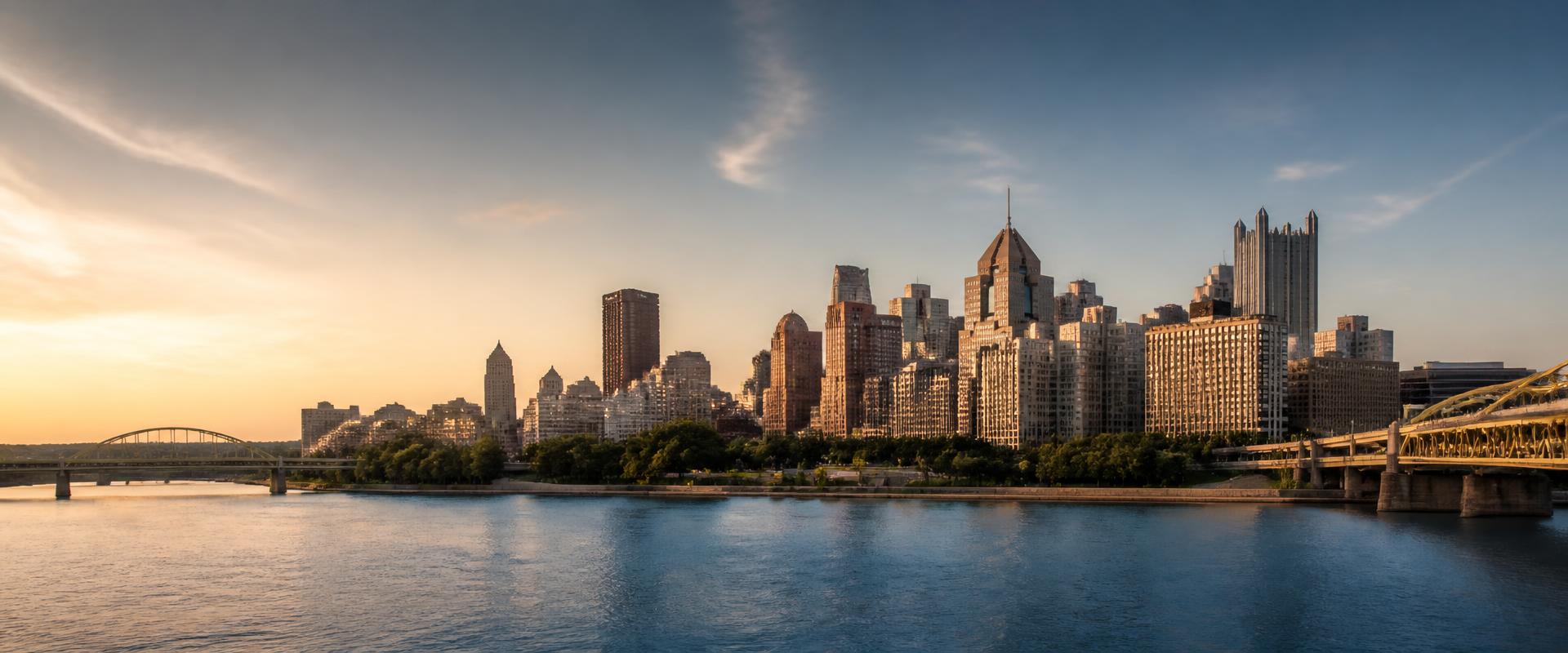Pittsburgh skyline in warm evening light across the river